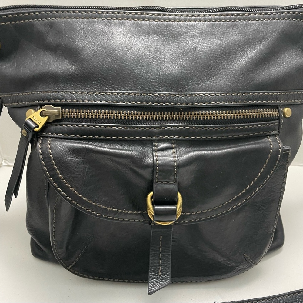 Vintage Fossil Purse Crossbody Leather Pockets Buckle Adjustable Black Bronze - Picture 2 of 16